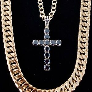 CROSS 18K GOLD FULL BLACK DIAMONDS CZ CHAIN ITALY
